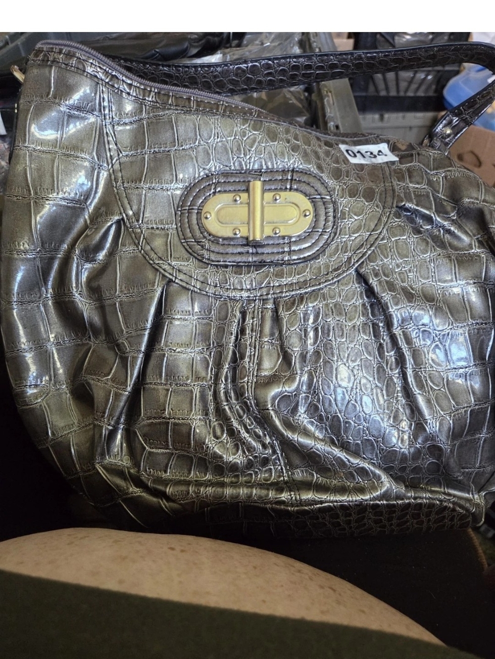 XOXO Metallic Croc-Embossed Shoulder Bag in Gunmetal.